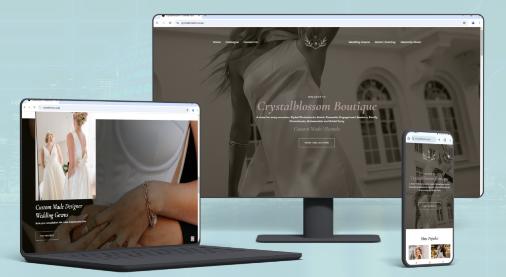 Crystalblossom Boutique custom dresses and dress rentals website preview by Cenit Web in Polokwane